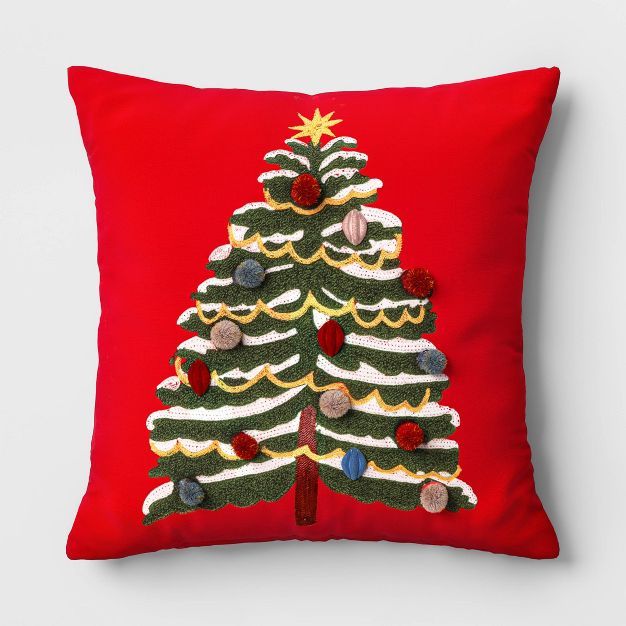 Christmas Tree Embroidered Square Christmas Throw Pillow Red - Threshold&#8482; | Target