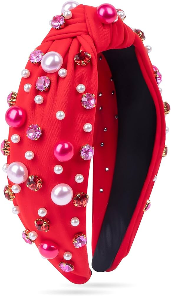BLAAROOM Valentines Day Headband for Women Red Knotted Headbands with Pearl Rhinestone Jeweled Ha... | Amazon (US)