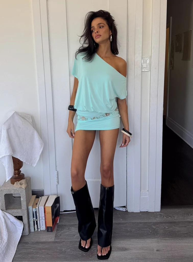 Jamelle Off Shoulder Mini Dress Aqua Blue | Princess Polly US