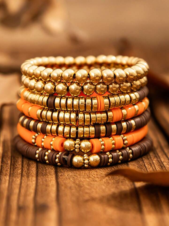 7pcs/Set Vintage Fashion Thanksgiving Elements CCB & Soft Ceramics Beaded Bracelet,Elastic Multi-... | SHEIN