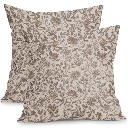 Ancordivo Vintage Floral Pillow Covers 18x18 Inch Set of 2 Antique Brown Gray Flower Outdoor Throw Pillows Neutral Traditional Square Cushion Case Decoration for Couch Home Decor | Amazon (US)