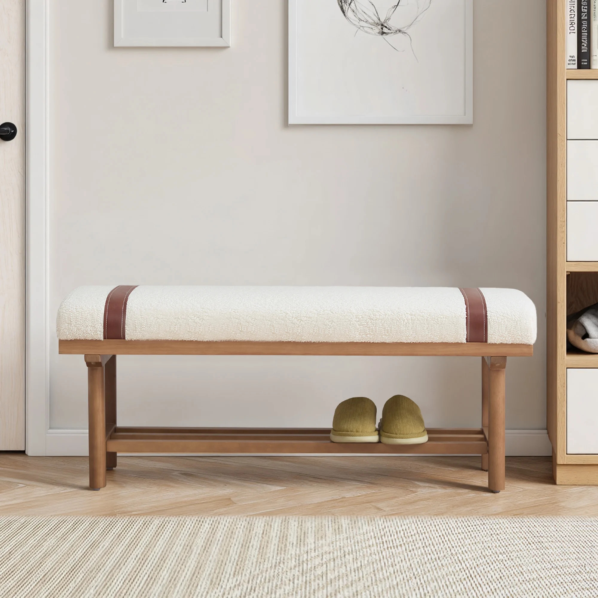 44.49" Entryway Shoe Bench with Solid Wood Frame Teddy Fleece White Upholstered End of Bed Bench ... | Walmart (US)
