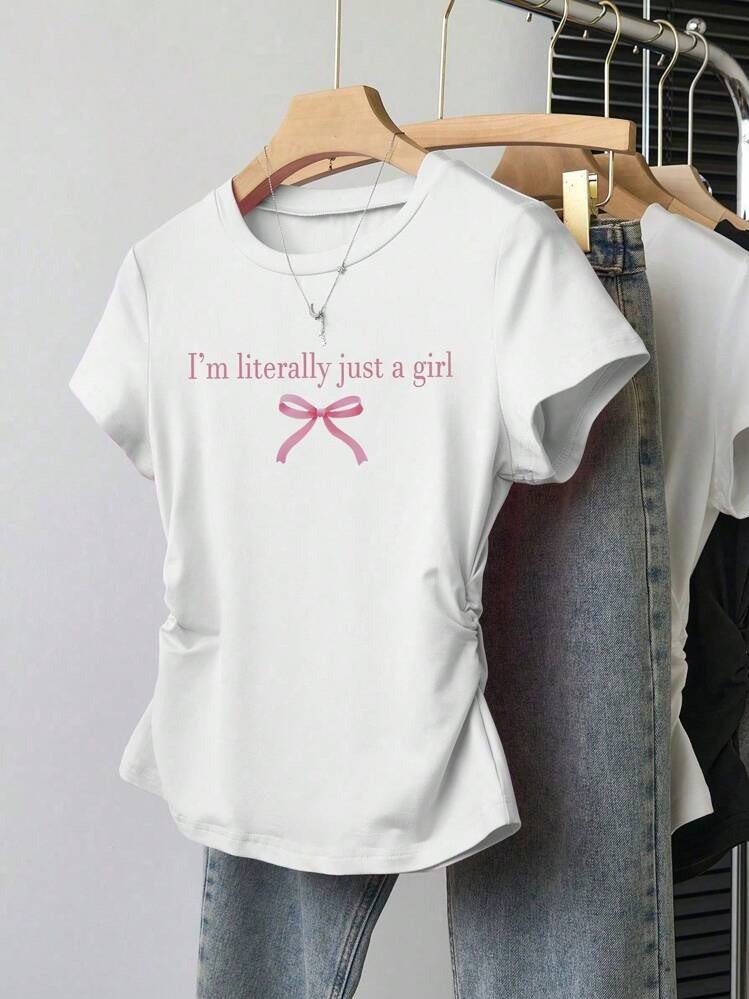 Sparklyn Tween Girls Casual Versatile Cute Pink English Letter Bow Print Short Sleeve T-Shirt Summer Holiday | SHEIN