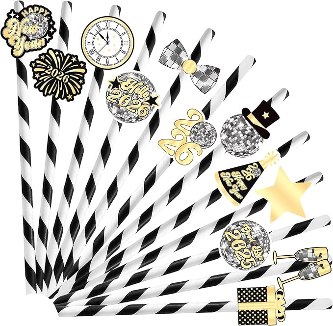 YQUQWN 24 PCS Disco New Years Paper Straws 2026 Disco Ball Straw for Disco Party Decorations New ... | Amazon (US)