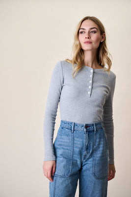 Pointelle Long Sleeve Henley - Grey | Marea
