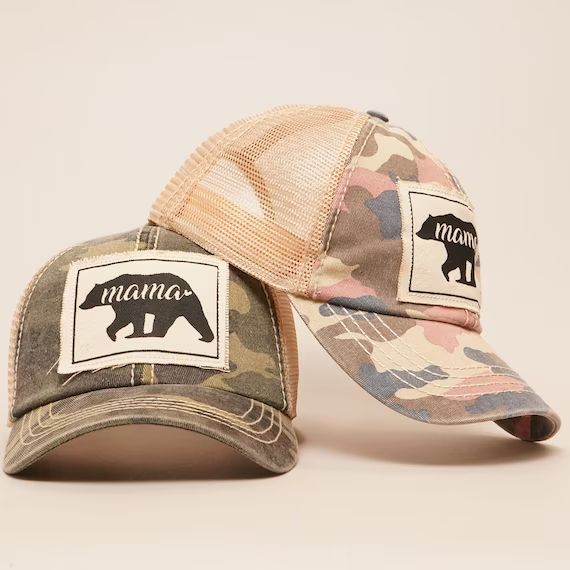 MAMA BEAR Canvas Patched Hat, Camouflage Cap, Baseball Cap, Mesh Back Baseball Cap, Gift for Mom,... | Etsy (US)