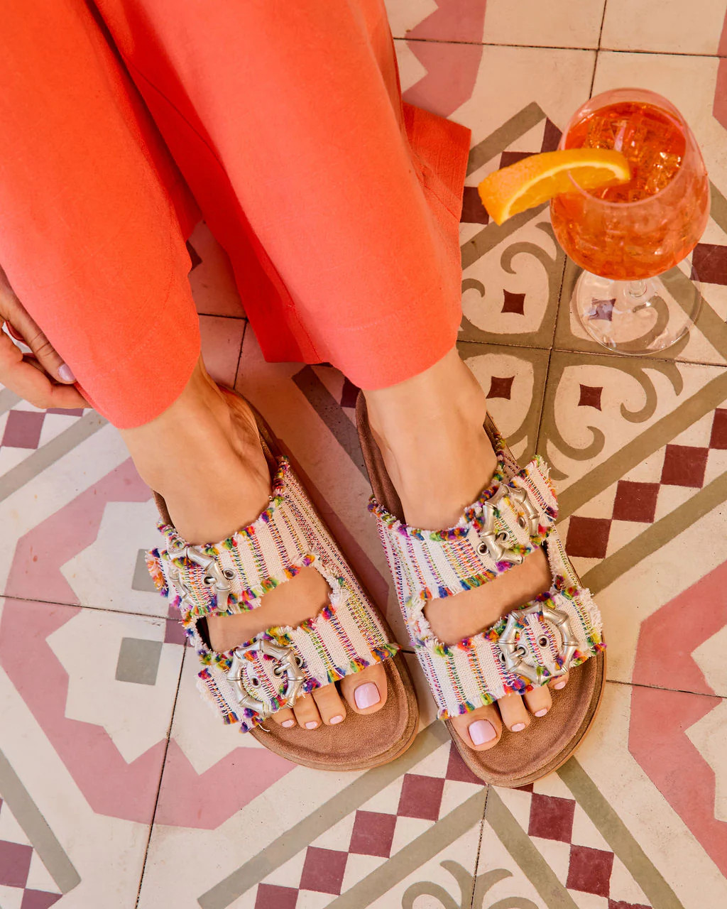 Brylee Textile Multi Color Stitch Buckle Sandals | VICI