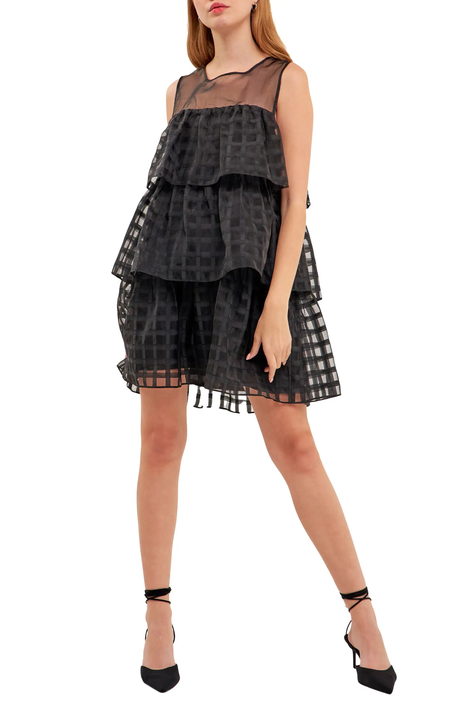 English Factory Grid Pattern Tiered Organza Minidress | Nordstrom | Nordstrom