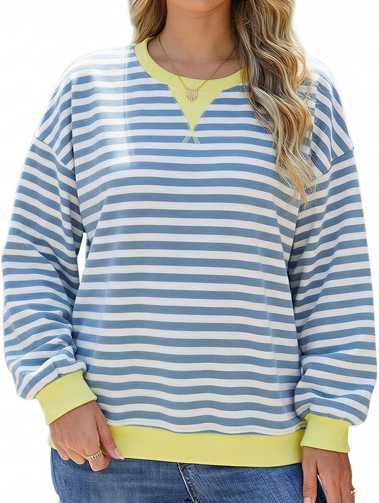 Women's Striped Oversized Sweatshirt, Long Sleeve Crewneck Pullover Top, Casual Fall Clothes | Amazon (US)