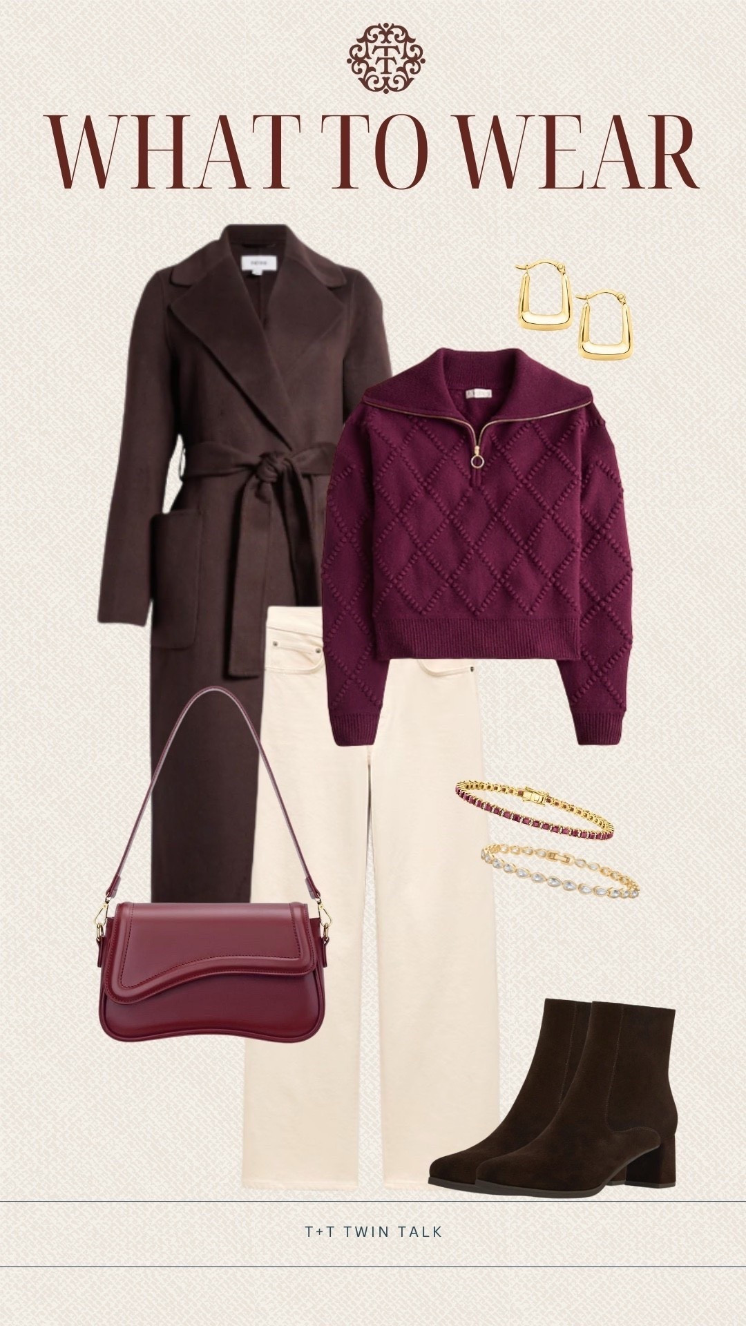 T+T, what to wear this winter! We love this burgundy textured half zip from J.Crew paired with cream colored pants, and a dark brown coat. We accessorized with Ross Simons bracelets, earrings, and a cute Amazon bag. To complete the look we opted for brown booties! 



#LTKSeasonal #LTKMidsize #LTKOver40