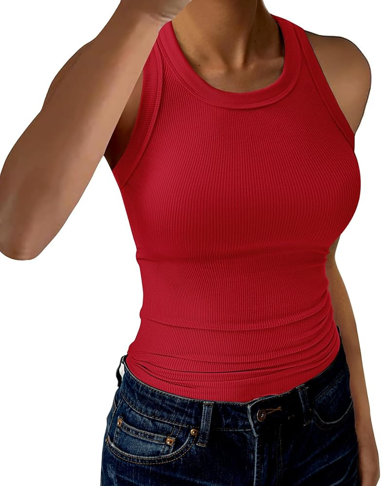 Womens Tank Tops High Neck Sleeveless Ribbed Tank Casual Basic Thick Strap Slim Fitted Racerback ... | Amazon (US)