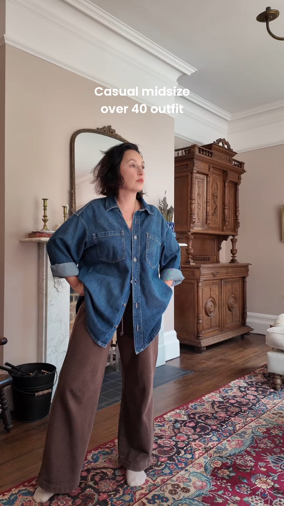 Casual midsize over 40 outfit. 

Wide leg joggers - Vinted (similar linked)
Denim shirt - H&M
Jewellery - assorted 
Shoes - adidas 
Bag - Anthropologie 
Glasses - Oliver peoples 
Fragrance - Penhaligans 

#LTKmidsize #LTKuk #LTKautumn