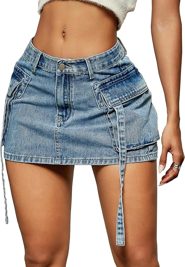 Cargo Skirt Women y2k Button Mini Jeans Skirt Denim Skirt with Pocket Low Waist | Amazon (US)