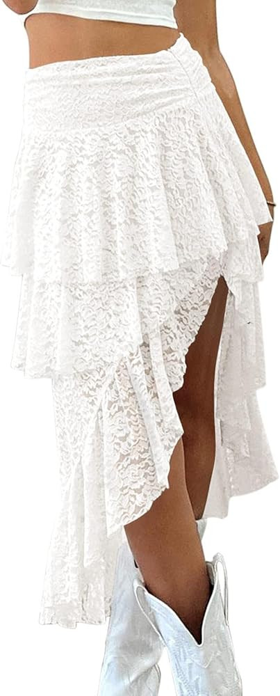 Yousify Womens Lace Midi Skirts High Waist Y2K Asymmetrical Layered Flowy Fairy Skirts Floral Bea... | Amazon (US)