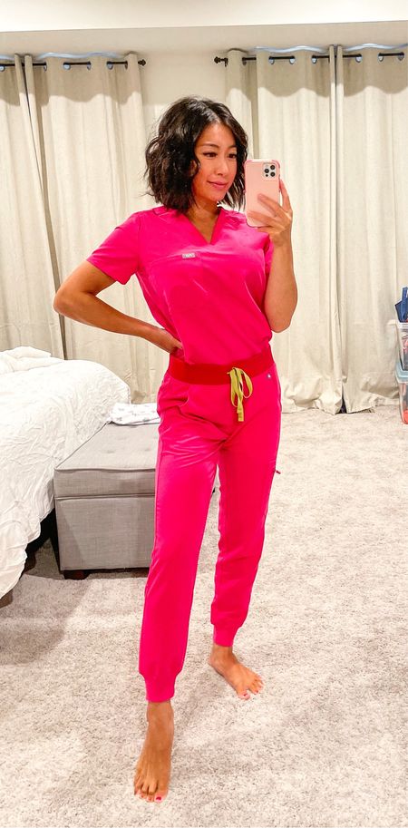 Figs shocking pink scrubs are on sale this week! 

XS tops and XXS petite bottoms!
I think the bottoms run a bit bigger than most scrubs. Love the joggers versions. These are the regular waist ones 

#LTKworkwear #LTKsalealert #LTKSale