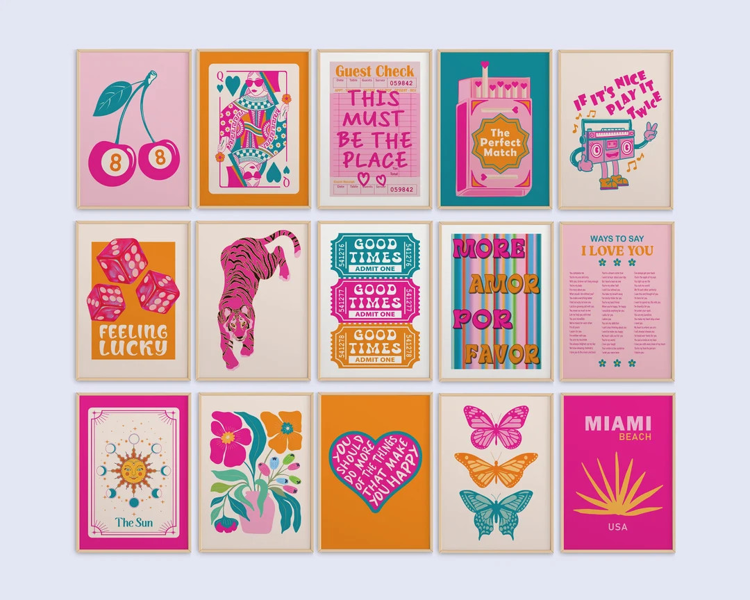 Preppy Wall Art Set of 15 Pink Orange Teal Teen Girl Room Maximalist Wall Art Dopamine Decor Quir... | Etsy (US)