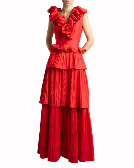 Basix V-Neck Sleeveless Tiered Taffeta Ruffle Gown | Neiman Marcus