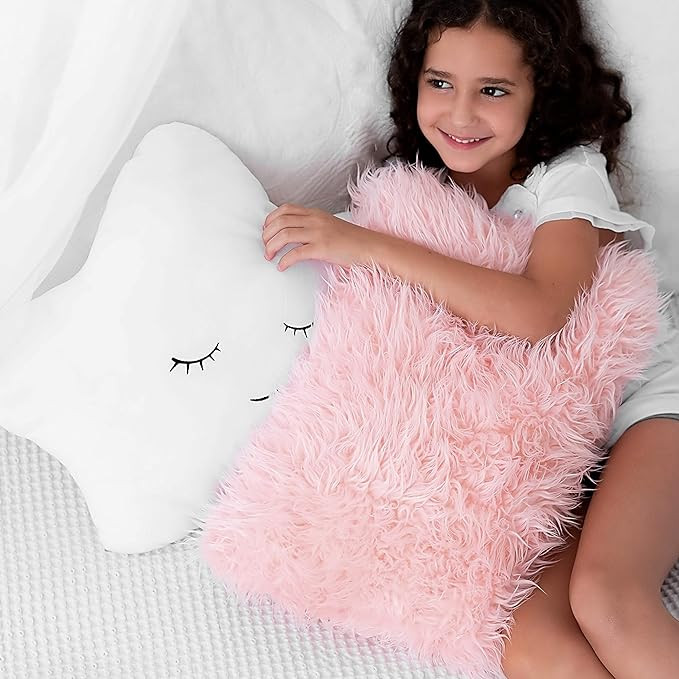 Perfectto Design Set of 2 Decorative Pillows, Toddler Room. Star Fluffy White Embroidered and Fur... | Amazon (US)