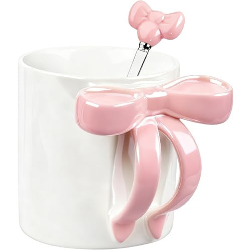 Disoza Bow Coffee Mug Pink Ceramic Cute Mug 12 OZ Coffee Cup Coquette Porcelain Coffee Tea Cup for Women Girl | Amazon (US)