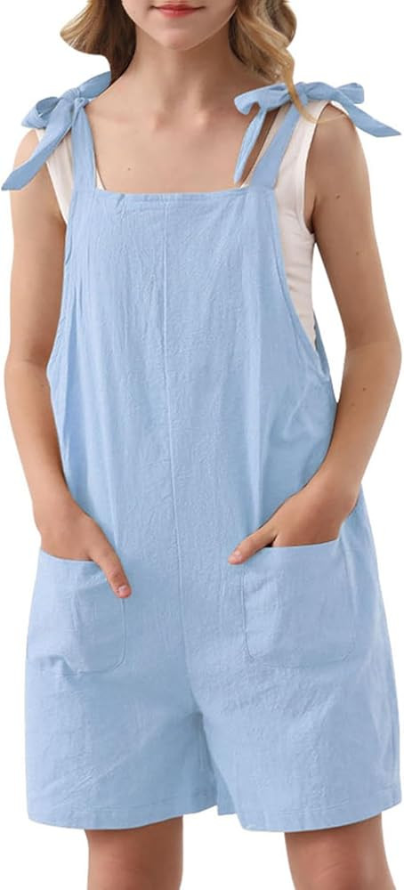 Girls Romper Sleeveless Adjustable Tie-Up Strap Short Jumpsuits Summer Clothes with Pocket 5-12 y... | Amazon (US)