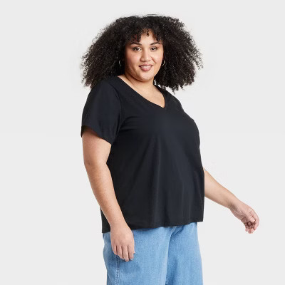 Women's Short Sleeve V Neck T-Shirt - Ava & Viv™ Black 2X: Midweight, Pullover | Target