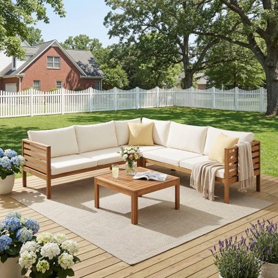 Whisen Patio Sectional Conversation Sofa, Acacia Wood Outdoor Sofa Couch Set, Patio Furniture Sets with Coffee Table, Cushions - Beige | Target