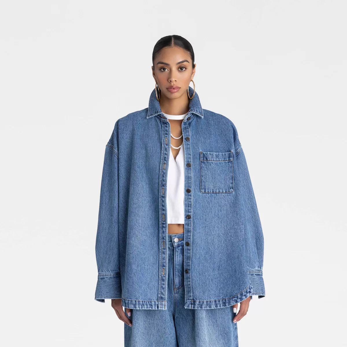 KBB by KAHLANA Women's Long Sleeve 'The Samira Shirt' - Medium Wash | Target