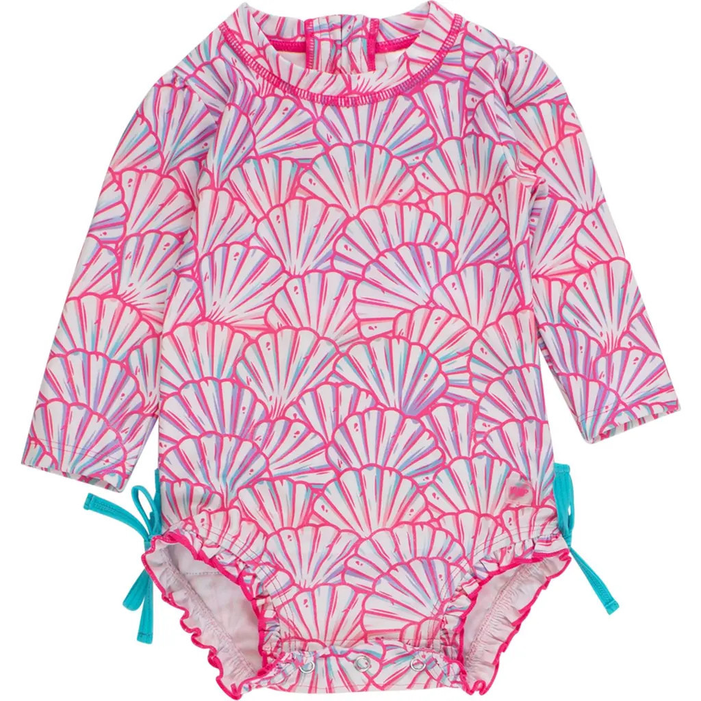RuffleButts Baby Girls Mermaid Long Sleeve UPF50+ One Piece Rash Guard in Pink Magical Mermaids at Nordstrom, Size 0-3M | Nordstrom
