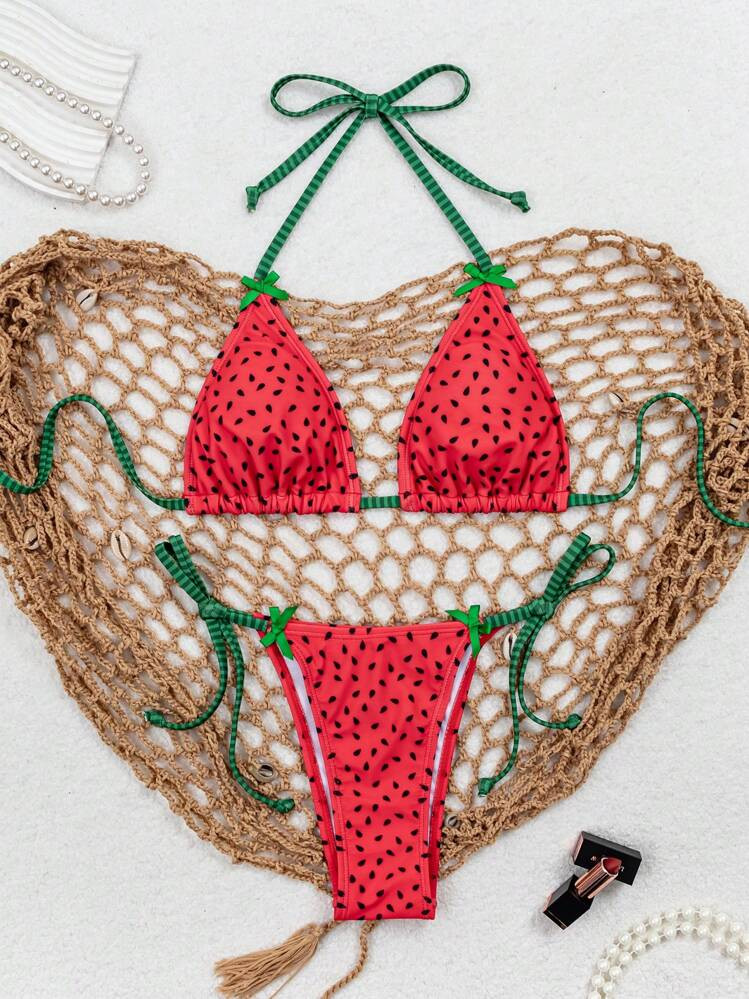 Swim Mod Women Watermelon Printed Bowknot Spaghetti Strap Bikini Set For Summer Beach | SHEIN