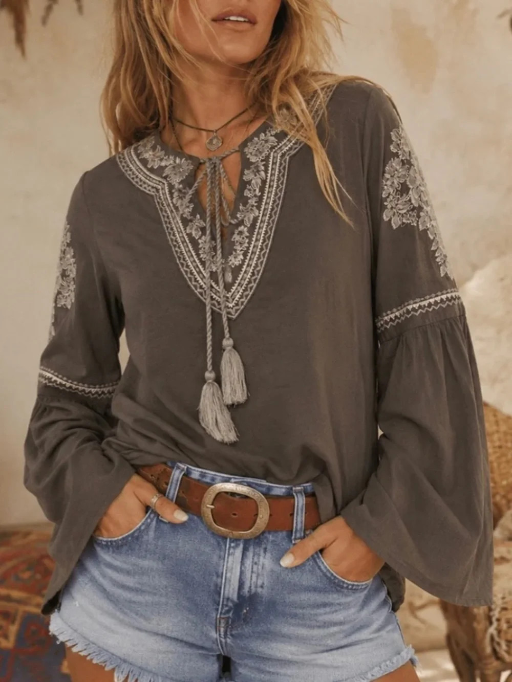 WESTERN BOHO BELL SLEEVE EMBROIDERY TUNIC TOP - NWT | Poshmark