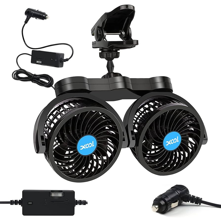 XOOL Clip Car Fan, Adjustable Dual Head 4 Inches 12V Fan for Front/Rear Seat Passenger, 360° Rot... | Amazon (US)