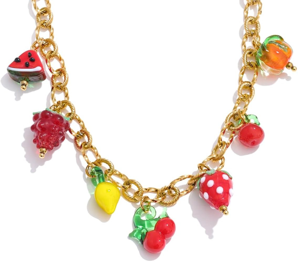 Mchic Charm Necklace for Women: Gold Chunky Necklace with Ocean/Fruit/Boho Theme Charms Vacation ... | Amazon (US)