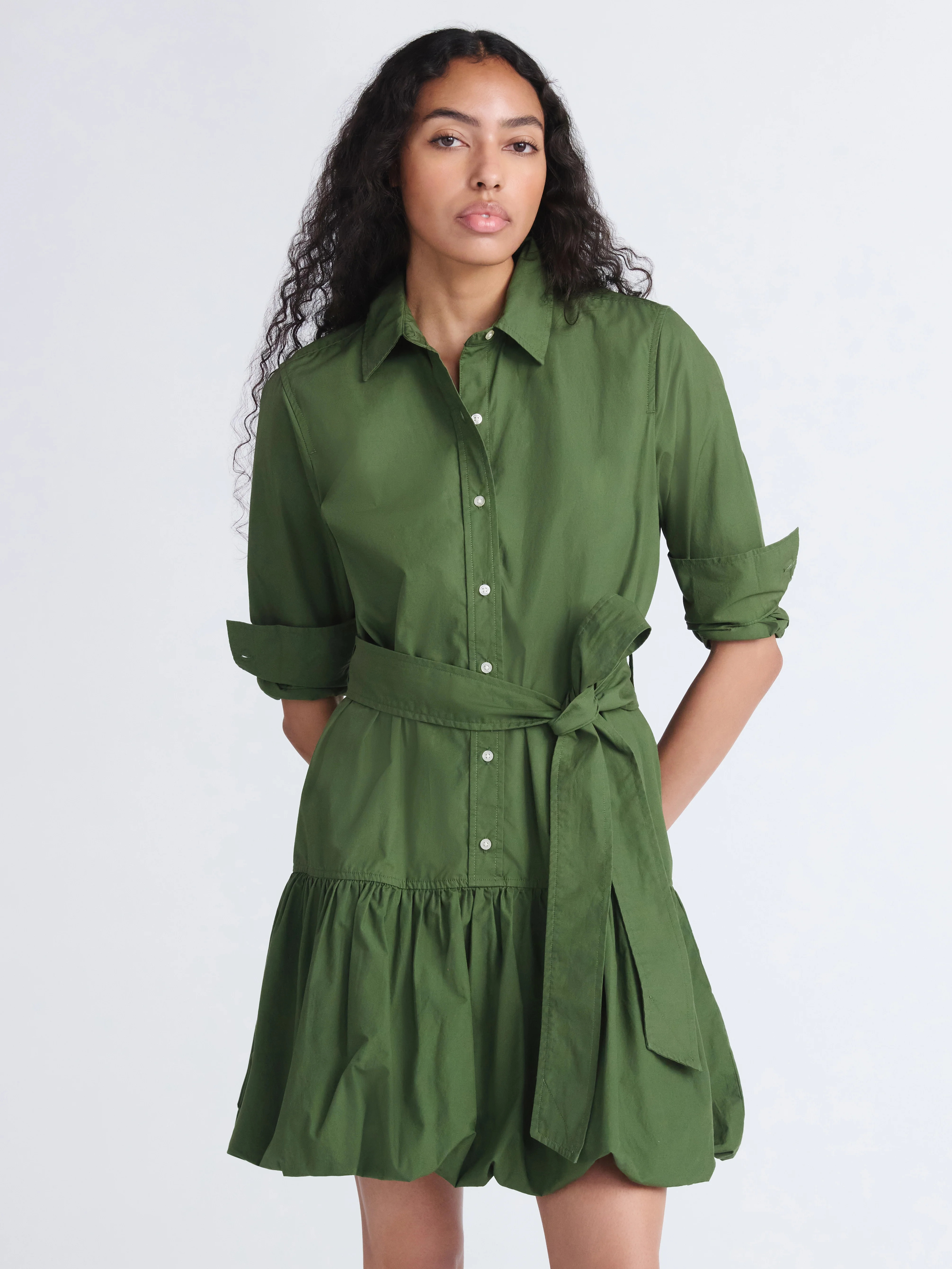 Free Assembly Women's Belted Bubble Hem Cotton Mini Dress with Long Sleeves, Sizes XS-XXL | Walmart (US)