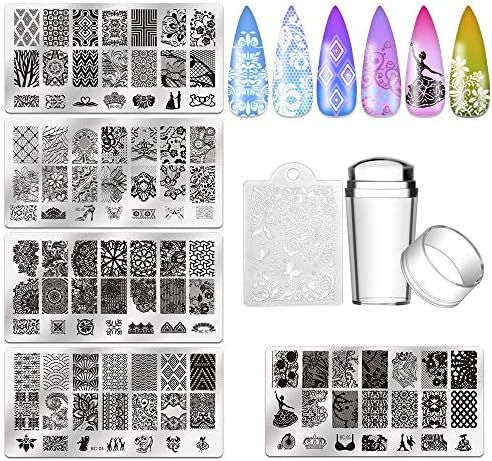 Biutee 5pcs Nail Stamping Plates + 1 Stamper + 1 Scraper Lace Flower Animal Pattern Nail Art Stam... | Amazon (US)