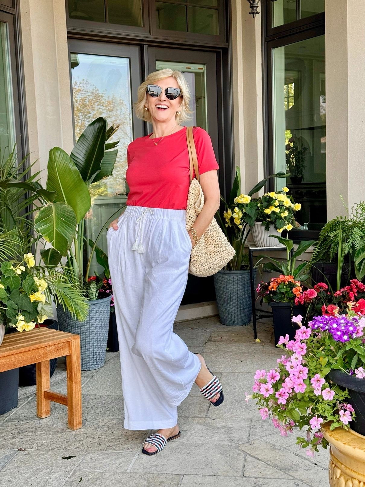 I always find myself reaching for outfits like this when the weather is warm. ❤️ A simple red tee, breezy linen pants, and comfy slides… it’s one of those combinations that never lets me down.

#LTKOver40 #LTKSeasonal #LTKootd