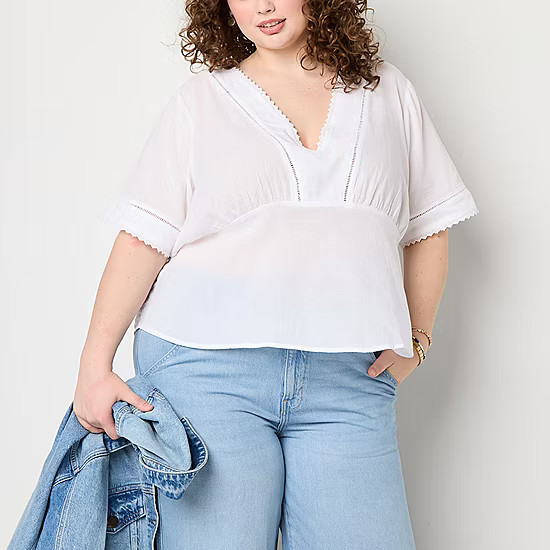 new!a.n.a Plus Ladder Trim Womens V Neck Short Sleeve Blouse | JCPenney