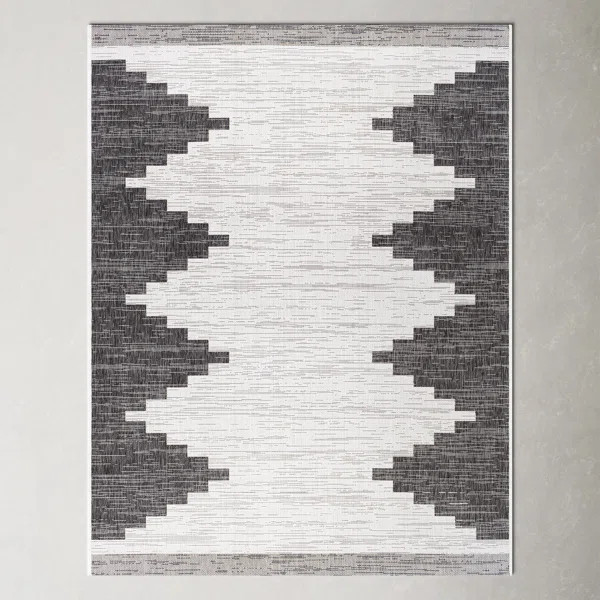 Mortimer Geometric Machine Woven Indoor / Outdoor Area Rug in Black/Ivory | Wayfair North America