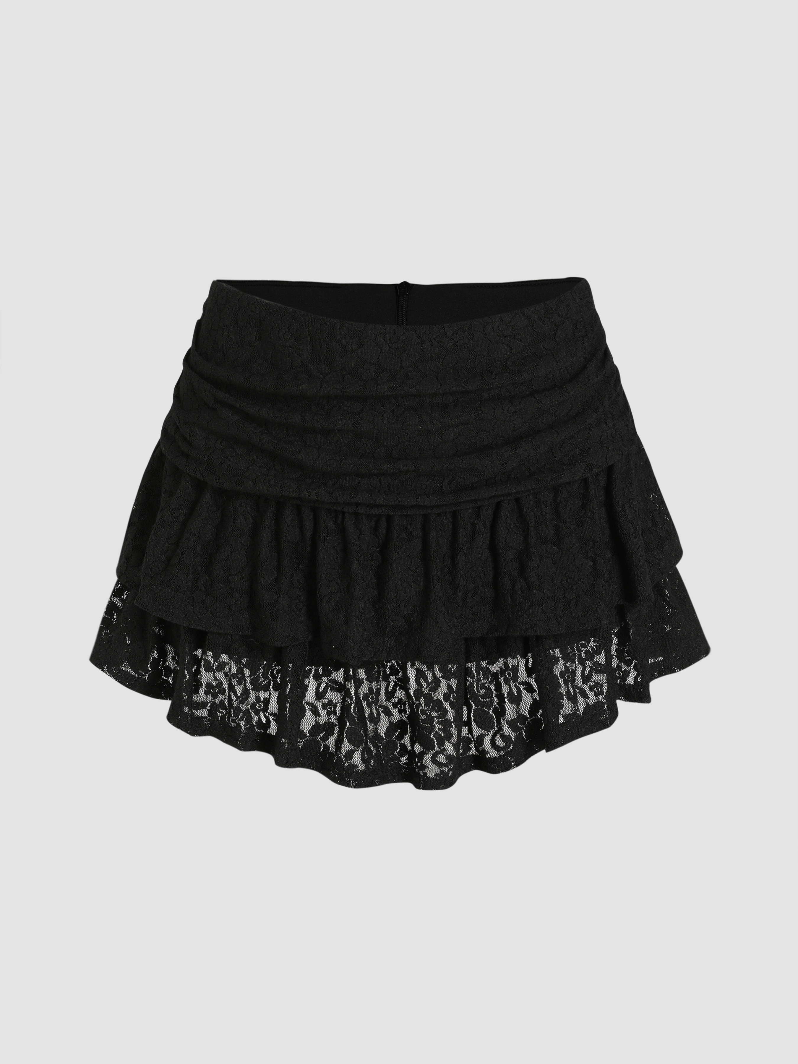 Western Outfits Knit Fabric Ruched Floral Lace Knit Layered Mini Skort For Daily Casual | Cider