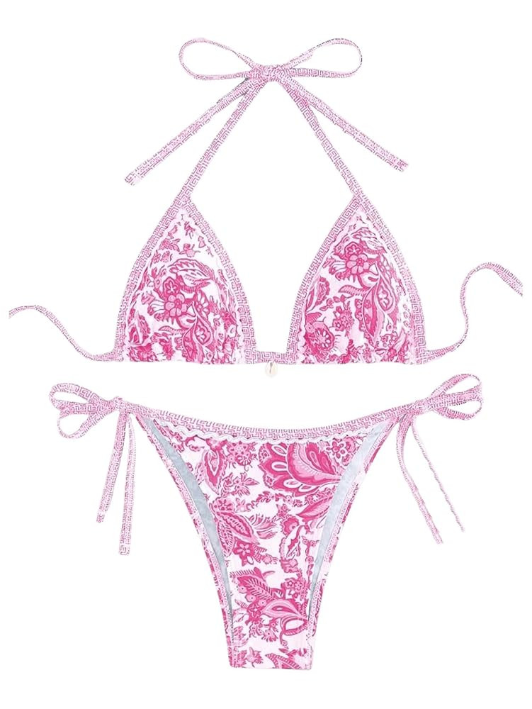WDIRARA Women's 2 Piece Boho Swimsuits Floral Print Halter String Triangle Bikini Set Beach Bathi... | Amazon (US)