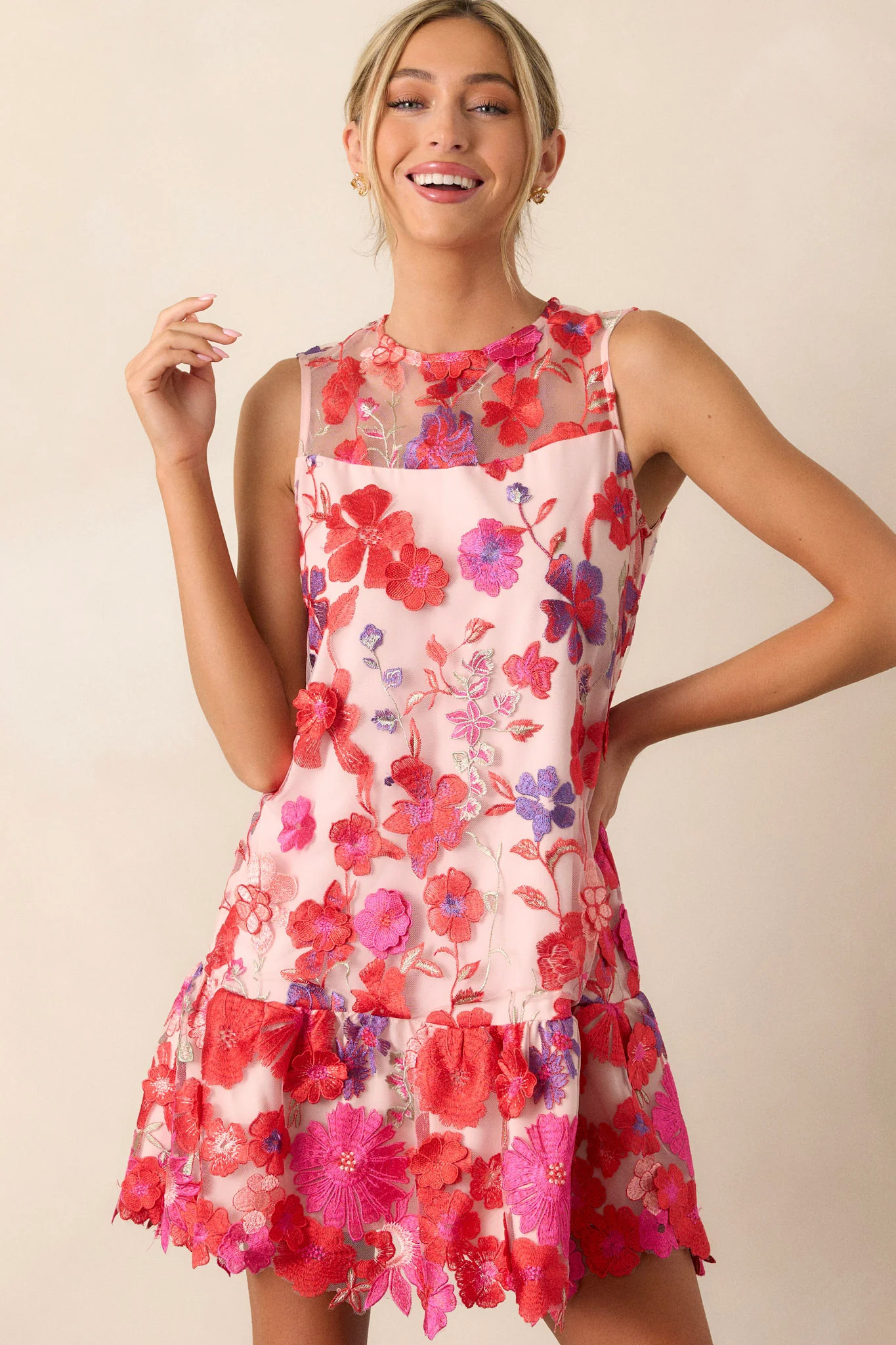 Take A Moment Light Pink Floral Embroidered Mini Dress | Red Dress