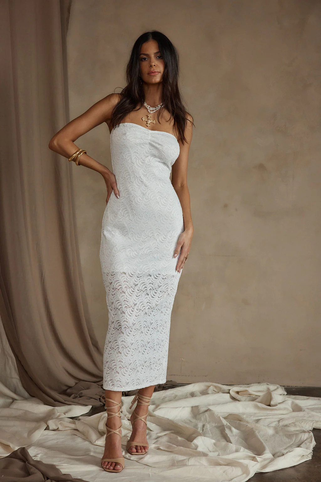 Reagan Strapless White Lace Midi Dress | 12th Tribe