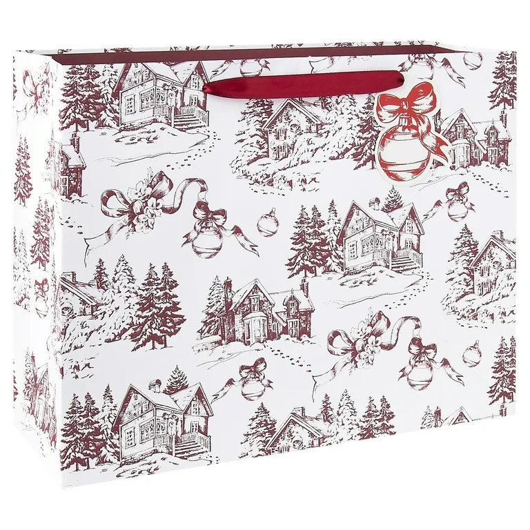Large Red and White Toile Forest Christmas Paper Gift Bag, 13" x 10", by My Texas House | Walmart (US)