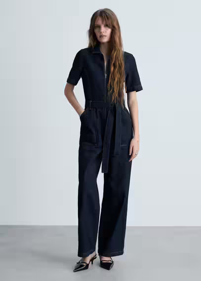 Denim jumpsuit with belt open blue - Women - M - MANGO | Mango (US/MX/AU)