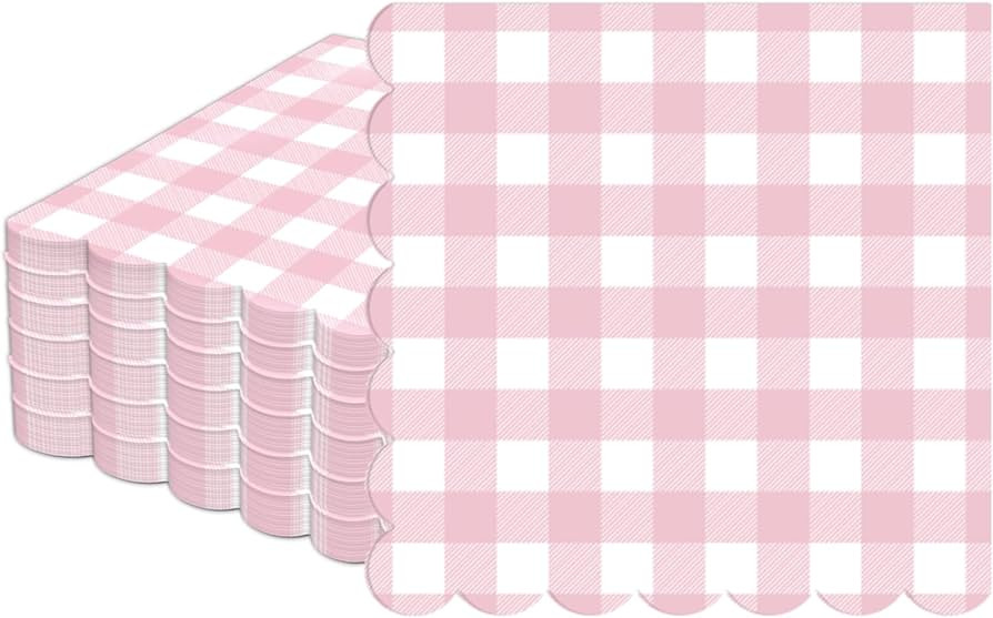 100Pcs Pink Scalloped Napkins Pink And White Checkered Decorative Napkins Party Supplies Light Pink Plaid Gingham Dessert Napkins for Girls Women Wedding Birthday Baby Shower Summer Picnic Party Favor | Amazon (US)