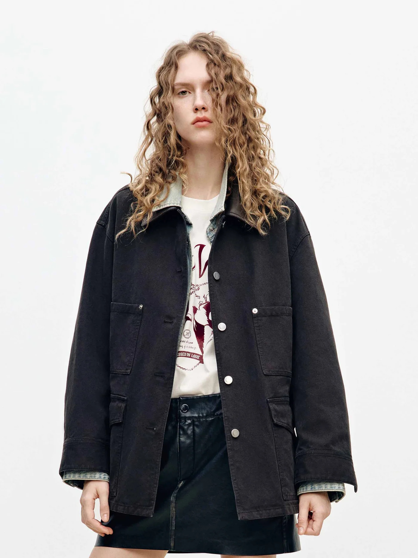 MO&Co. Women's Leather Collar Button Coat | MO&Co.