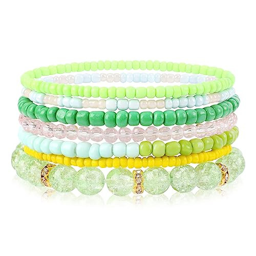 IDEAJOY Green Bracelets for Women Multi-layer Beaded Stretch Bracelets Handmade Bohemian Stackable Bead Bracelets Set Green Jewelry Accessories for Birthday Party Vacation Decor | Amazon (US)