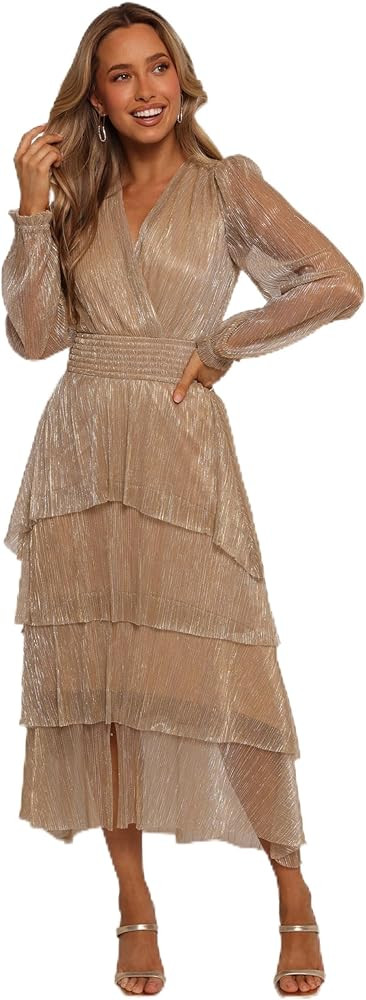 Petal & Pup Women's Cybil Pleated Tiered Midi Dress - Champagne Gold | Amazon (US)