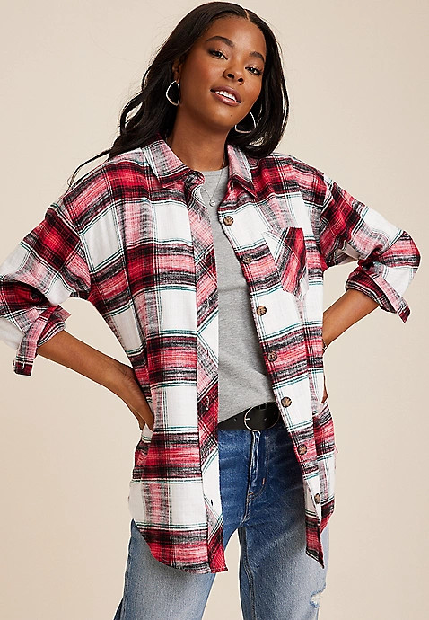 Cabin Plaid Boyfriend Tunic Shirt | Maurices