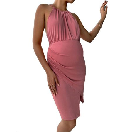 Women s Elegant Plain Halter Cami Sleeveless Dusty Pink Maternity Dresses S | Walmart (US)