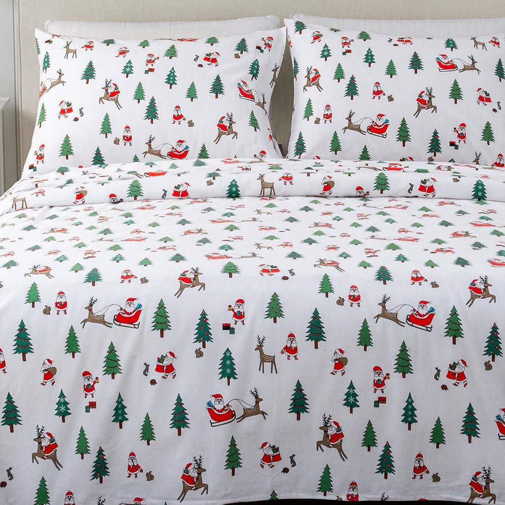 100% Turkish Cotton Twin Kids Holiday Flannel Sheet Set | Deep Pocket Fitted Sheet, Soft Christma... | Amazon (US)